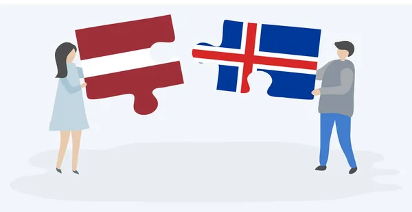 Ζευγάρι Που Κρατά Δύο Κομμάτια Παζλ Λεττονικά Και Ισλανδικά Σημαίες — Διανυσματικό Αρχείο