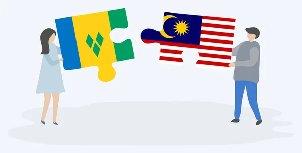 Paar Houden Twee Puzzels Stukken Met Vincentian Maleisische Vlaggen Saint — Stockvector