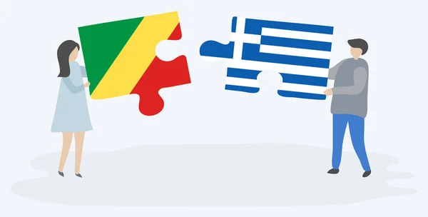 Ζευγάρι Που Κρατά Δύο Κομμάτια Παζλ Κογκολέζικες Και Ελληνικές Σημαίες — Διανυσματικό Αρχείο