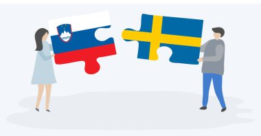 Sloven ve İsveç bayrakları ile iki bulmaca parçaları tutan çift. Slovenya ve İsveç ulusal sembolleri birlikte.