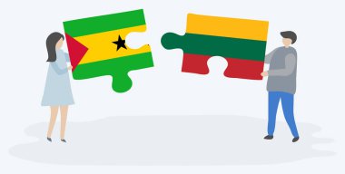 Sao Tomean ve Litvanya bayrakları ile iki bulmaca parçaları tutan çift. Sao Tome ve Principe ve Litvanya ulusal sembolleri birlikte.