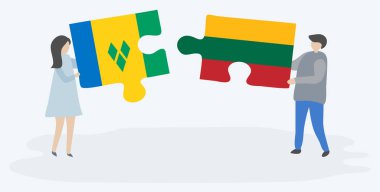 Vincent ve Litvanya bayrakları ile iki bulmaca parçaları tutan çift. Saint Vincent ve Grenadinler ve Litvanya ulusal sembolleri birlikte.