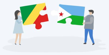 Kongo ve Cibutya bayrakları ile iki bulmaca parçaları tutan çift. Kongo Cumhuriyeti ve Cibuti ulusal sembolleri birlikte.