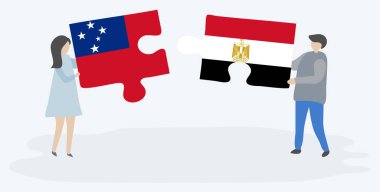 Samoa ve Mısır bayrakları ile iki bulmaca parçaları tutan çift. Samoa ve Mısır ulusal sembolleri birlikte.