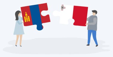 Moğol ve Malta bayrakları ile iki bulmaca parçaları tutan çift. Moğolistan ve Malta ulusal sembolleri birlikte.