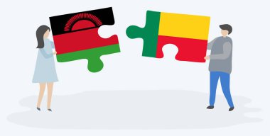 Malavi ve Beninese bayrakları ile iki bulmaca parçaları tutan çift. Malavi ve Benin ulusal sembolleri birlikte.