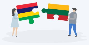 Çift Moritanya ve Litvanya bayrakları ile iki bulmaca parçaları tutan. Mauritius ve Litvanya ulusal sembolleri birlikte.