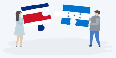 Çift Kosta Rika ve Honduras bayrakları ile iki bulmaca parçaları tutan. Kosta Rika ve Honduras ulusal sembolleri birlikte.