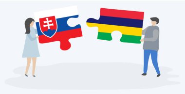 Slovak ve Moritanya bayrakları ile iki bulmaca parçaları tutan çift. Slovakya ve Mauritius ulusal sembolleri birlikte.