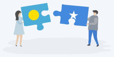 Palauan ve Somali bayrakları ile iki bulmaca parçaları tutan çift. Palau ve Somali ulusal sembolleri birlikte.