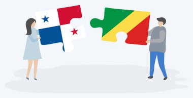 Panama ve Kongo bayraklarıyla iki bulmaca tutan çift. Panama ve Kongo Cumhuriyeti ulusal sembolleri birlikte.