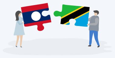 Lao ve Tanzanya bayrakları ile iki bulmaca parçaları tutan çift. Laos ve Tanzanya ulusal sembolleri birlikte.