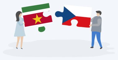 Çift Surinam ve Çek bayrakları ile iki bulmaca parçaları tutan. Surinam ve Çek Cumhuriyeti ulusal sembolleri birlikte.