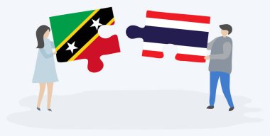 Çift Kittitian ve Tay bayrakları ile iki bulmaca parçaları tutan. Saint Kitts ve Nevis ve Tayland ulusal sembolleri birlikte.