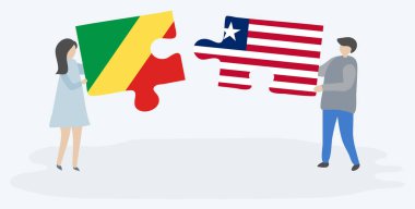 Kongo ve Liberya bayrakları ile iki bulmaca parçaları tutan çift. Kongo Cumhuriyeti ve Liberya ulusal sembolleri birlikte.