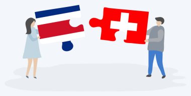 Çift Kosta Rika ve İsviçre bayrakları ile iki bulmaca parçaları tutan. Kosta Rika ve İsviçre ulusal sembolleri birlikte.