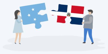 Mikronezya ve Dominik bayrakları ile iki bulmaca parçaları tutan çift. Mikronezya ve Dominik Cumhuriyeti ulusal sembolleri birlikte.