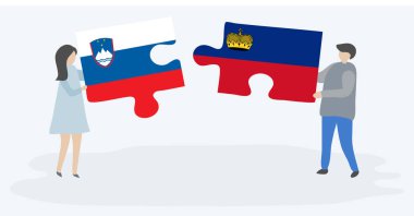 Sloven ve Lihtenştayn bayrakları ile iki bulmaca parçaları tutan çift. Slovenya ve Lihtenştayn ulusal sembolleri birlikte.