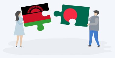 Malavi ve Bangladeş bayrakları ile iki bulmaca parçaları tutan çift. Malavi ve Bangladeş ulusal sembolleri birlikte.