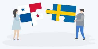 Çift Panama ve İsveç bayrakları ile iki bulmaca parçaları tutan. Panama ve İsveç ulusal sembolleri birlikte.