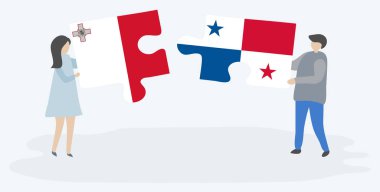 Malta ve Panama bayraklarıyla iki bulmaca tutan çift. Malta ve Panama ulusal sembolleri birlikte.