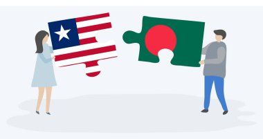 Liberya ve Bangladeş bayrakları ile iki bulmaca parçaları tutan çift. Liberya ve Bangladeş ulusal sembolleri birlikte.