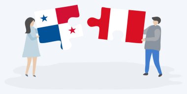 Çift Panama ve Perulu bayrakları ile iki bulmaca parçaları tutan. Panama ve Peru ulusal sembolleri birlikte.