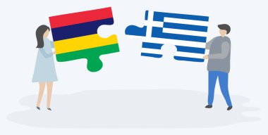 Çift Moritanya ve Yunan bayrakları ile iki bulmaca parçaları tutan. Mauritius ve Yunanistan ulusal sembolleri birlikte.
