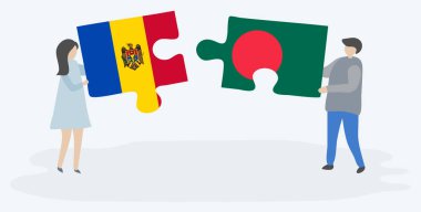 Moldova ve Bangladeş bayrakları ile iki bulmaca parçaları tutan çift. Moldova ve Bangladeş ulusal sembolleri birlikte.