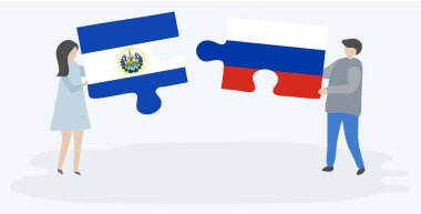 Çift Salvador ve Rus bayrakları ile iki bulmaca parçaları tutan. El Salvador ve Rusya ulusal sembolleri birlikte.