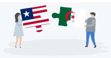 Liberya ve Cezayir bayrakları ile iki bulmaca parçaları tutan çift. Liberya ve Cezayir ulusal sembolleri birlikte.