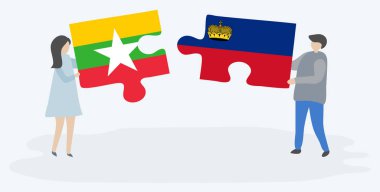 Çift Birmanya ve Liechtenstein bayrakları ile iki bulmaca parçaları tutan. Myanmar ve Lihtenştayn ulusal sembolleri birlikte.