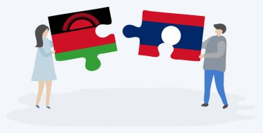 Malavi ve Lao bayrakları ile iki bulmaca parçaları tutan çift. Malavi ve Laos ulusal sembolleri birlikte.