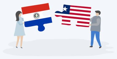 Paraguay ve Liberya bayrakları ile iki bulmaca parçaları tutan çift. Paraguay ve Liberya ulusal sembolleri birlikte.