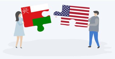 Çift Umman ve Amerikan bayrakları ile iki bulmaca parçaları tutan. Umman ve Amerika Birleşik Devletleri ulusal semboller i.