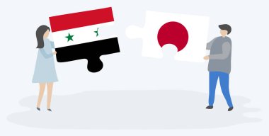 Suriye ve Japon bayrakları ile iki bulmaca parçaları tutan çift. Suriye ve Japonya ulusal sembolleri birlikte.