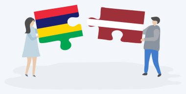 Çift Moritanya ve Leton bayrakları ile iki bulmaca parçaları tutan. Mauritius ve Letonya ulusal sembolleri birlikte.