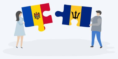 Moldova ve Barbados bayrakları yla iki bulmaca parçası tutan çift. Moldova ve Barbados ulusal sembolleri birlikte.