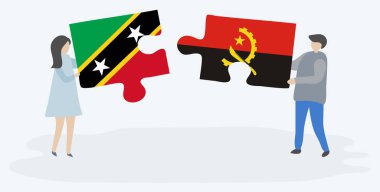 Kittitian ve Angolan bayrakları ile iki bulmaca parçaları tutan çift. Saint Kitts ve Nevis ve Angola ulusal sembolleri birlikte.