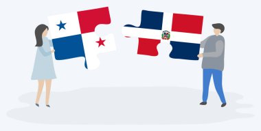Panama ve Dominik bayrakları ile iki bulmaca parçaları tutan çift. Panama ve Dominik Cumhuriyeti ulusal sembolleri birlikte.