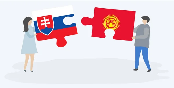 Casal Segurando Duas Peças Quebra Cabeças Com Bandeiras Eslovacas Kirgiz —  Vetores de Stock