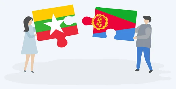 Pareja Sosteniendo Dos Piezas Rompecabezas Con Banderas Birmanas Eritreas Myanmar — Vector de stock