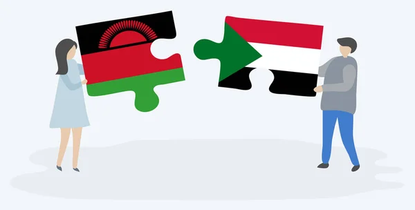 Dvojice Drží Dvě Skládanky Malawianskou Súdánskými Vlajkami Vnitrostátní Symboly Malawi — Stockový vektor