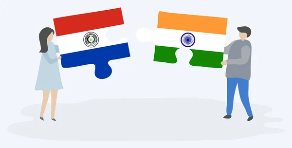 Пара Держащая Две Головоломки Парагвайскими Индийскими Флагами Парагвай Индия Вместе — стоковый вектор