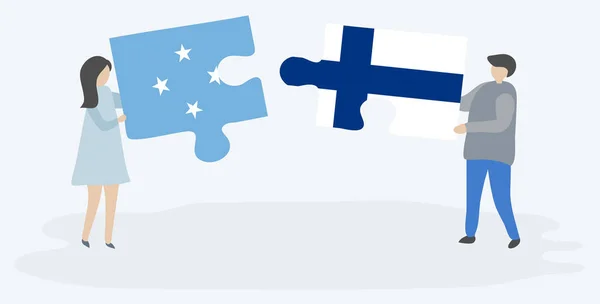 Mikronezya Fin Bayrakları Ile Iki Bulmaca Parçaları Tutan Çift Mikronezya — Stok Vektör