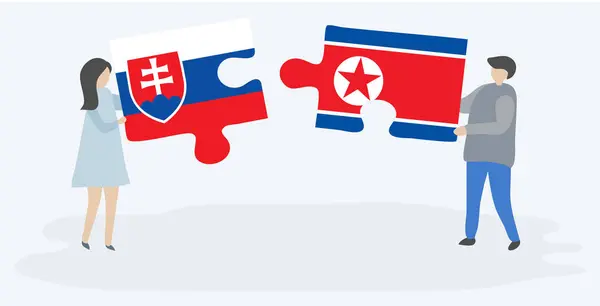 Paar Mit Zwei Puzzleteilen Mit Slowakischen Und Nordkoreanischen Flaggen Nationalsymbole — Stockvektor