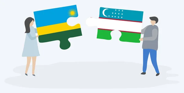 Casal Segurando Duas Peças Quebra Cabeças Com Bandeiras Ruandesas Uzbeques —  Vetores de Stock