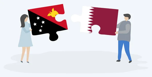 Paar Houden Twee Puzzels Stukken Met Papuan Qatari Vlaggen Nationale — Stockvector