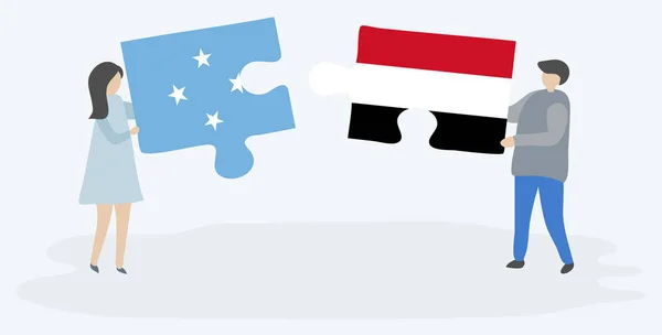 Pareja Sosteniendo Dos Piezas Rompecabezas Con Banderas Micronesia Yemen Micronesia — Vector de stock