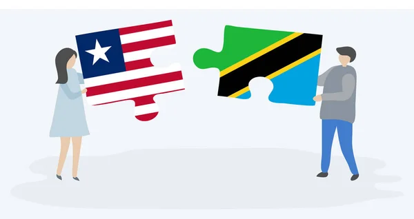 Paar Mit Zwei Puzzleteilen Mit Liberianischen Und Tansanischen Flaggen Liberia — Stockvektor
